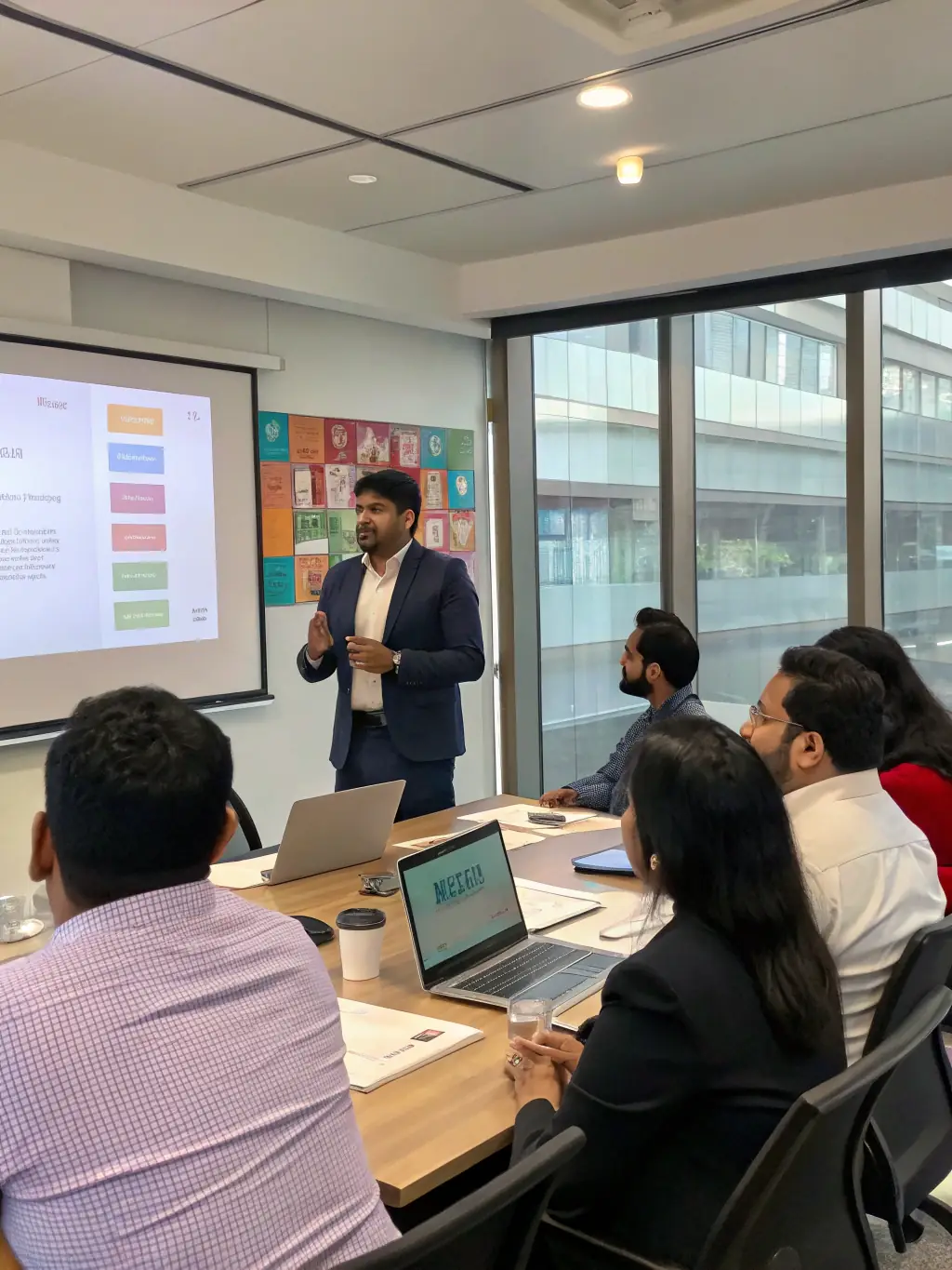 An Indian entrepreneur confidently presenting a business plan to potential investors, showcasing leadership and vision.