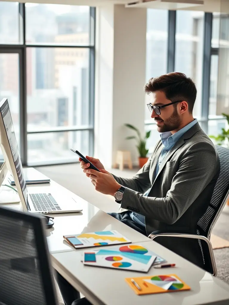 A professional Indian entrepreneur in a modern office, smiling confidently while reviewing financial charts on a tablet, symbolizing data-driven decision-making.