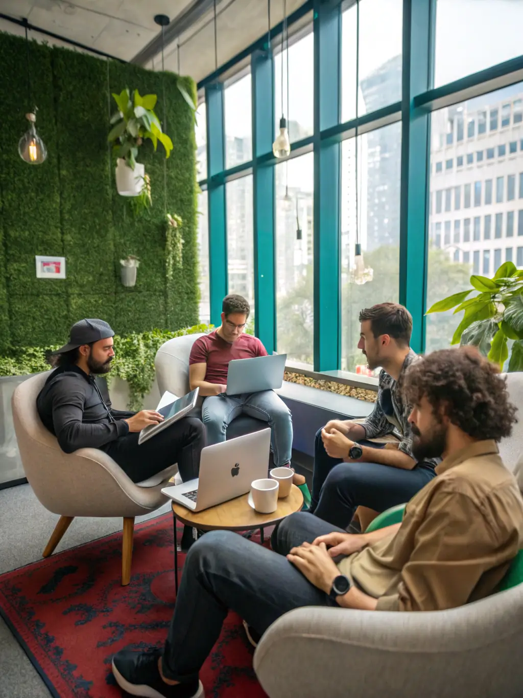 A diverse group of Indian entrepreneurs collaborating in a modern co-working space, brainstorming ideas and fostering innovation.