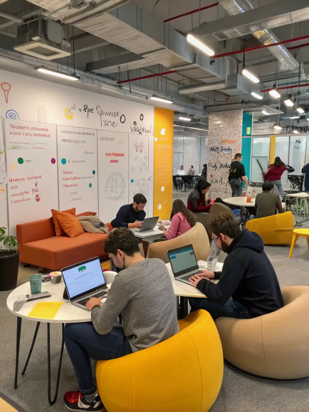 A group of Indian entrepreneurs collaborating in a modern co-working space, brainstorming ideas and networking, representing community support.